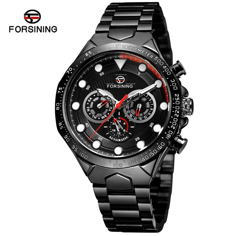 FORSINING fusini hombres moda correa de acero reloj mecánico automático reloj impermeable luminoso de seis pines 432