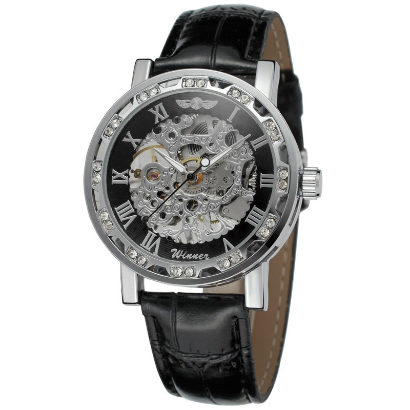 T-winner correa de los hombres reloj mecánico manual hueco transparente inferior moda reloj casual reloj mecánico 614