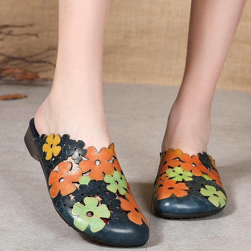 2019跨境夏季爆款糖果色彩花朵女鞋真皮平底凉拖休闲防滑女士拖鞋