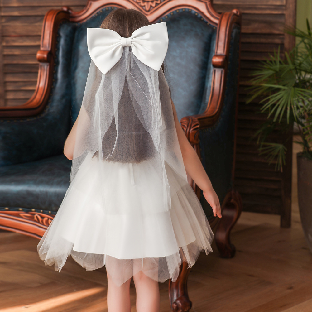 New Children's Dress Princess Dress Girls Wedding Dress Puffy Net Yarn Flower Girl Dress With Bow Veil display picture 20