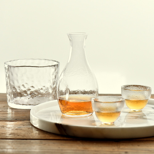 Japanese hammered glass wine warmer, creative craft flask and wine glass, three-piece handmade customized wine set