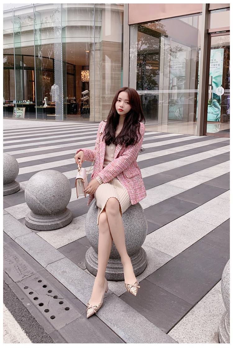 2026 Autumn New Women's Shallow Mouth Single Shoes, Pointed Toe, Color Block, Top Quality Sequin Bow, Mid-Heel, Chunky Heel_vogvips.com