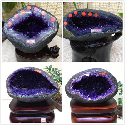 批发天然水晶工艺品多种规格紫晶洞原石晶簇摆件聚宝盆消磁小钱袋