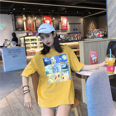 6535棉2019夏装新款韩版宽松女装中长款卡通印花圆领短袖t恤女