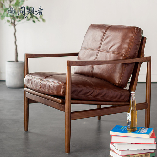 Nordic solid wood casual single sofa chair Ash wood recliner leather down, whole body polished