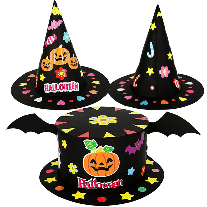 La bruja de Halloween señaló sombrero hecho a mano pasta producción rendimiento papel kindergarten creativo tocado vestido de bricolaje sombrero
