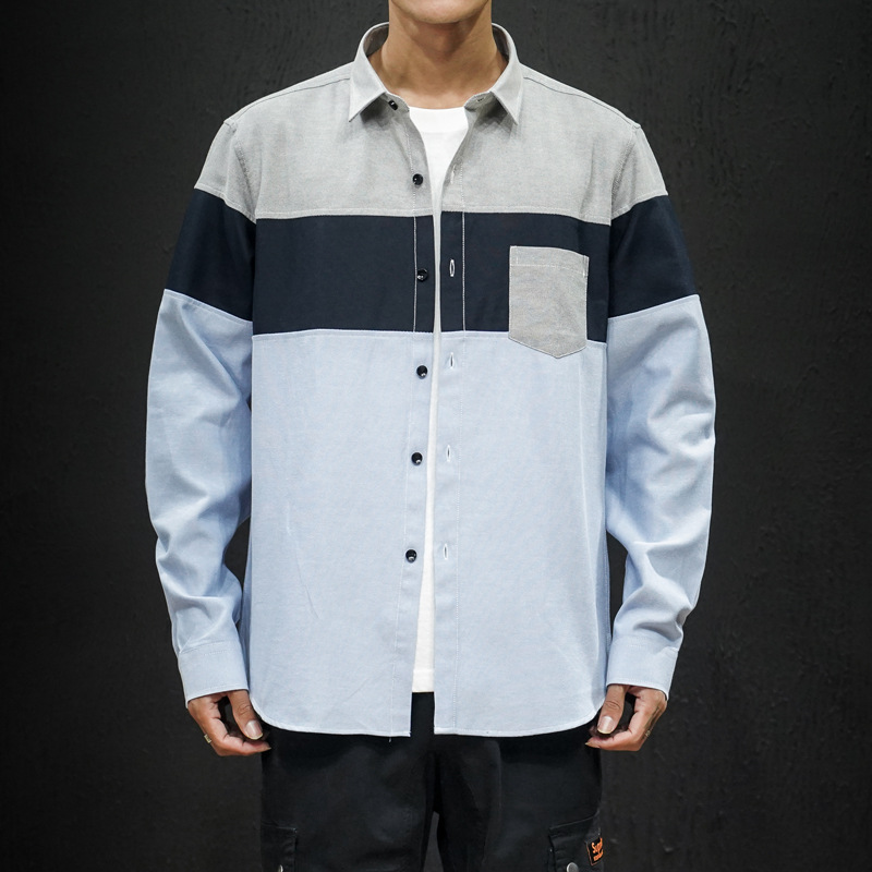 Foreign Trade Spring New Men's Shirt Stitching Casual Long-sleeved Men's Slim-fit Pointed Collar Large Size Shirt