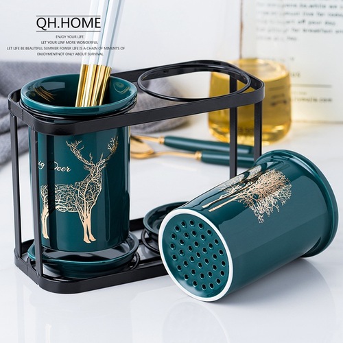 Emerald light luxury ceramic chopstick tube chopstick basket drain chopstick box home wall-mounted chopstick cage kitchen storage bucket