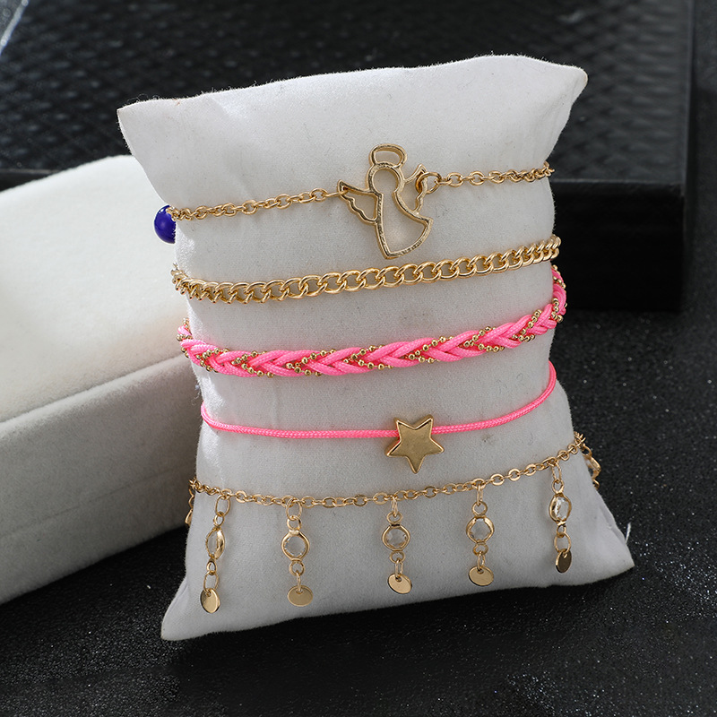 Simple Fashion Star Angel Angel Anklet With Diamond Tassel Pink Thread Rope Anklet Set Of 5 display picture 3