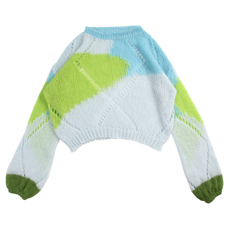 Spring and Autumn Horse Hippocampus Contrast Hollow Loose Pullover Knitted Sweater Loose Lantern Sleeve Women