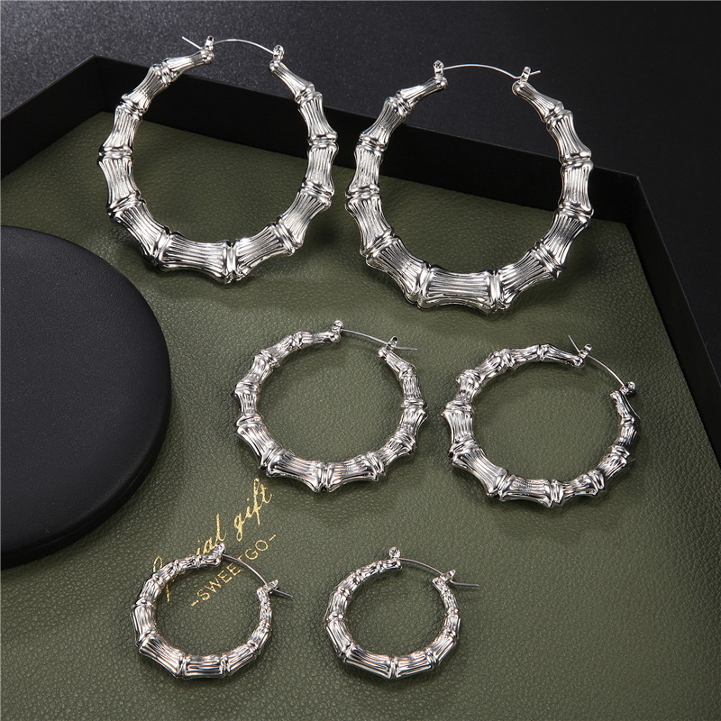 Hot Sale Women&#39;s Round Bamboo Gold Silver Punk Style Earrings Set Women display picture 7