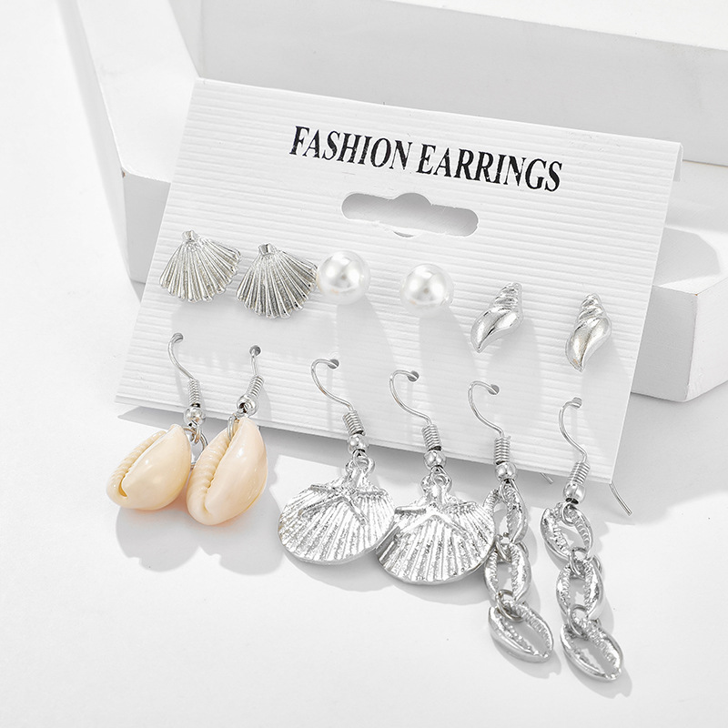 Earrings Marine Wind Pearl Conch Scallop Shell Earrings Earrings 6-piece Set Female display picture 2