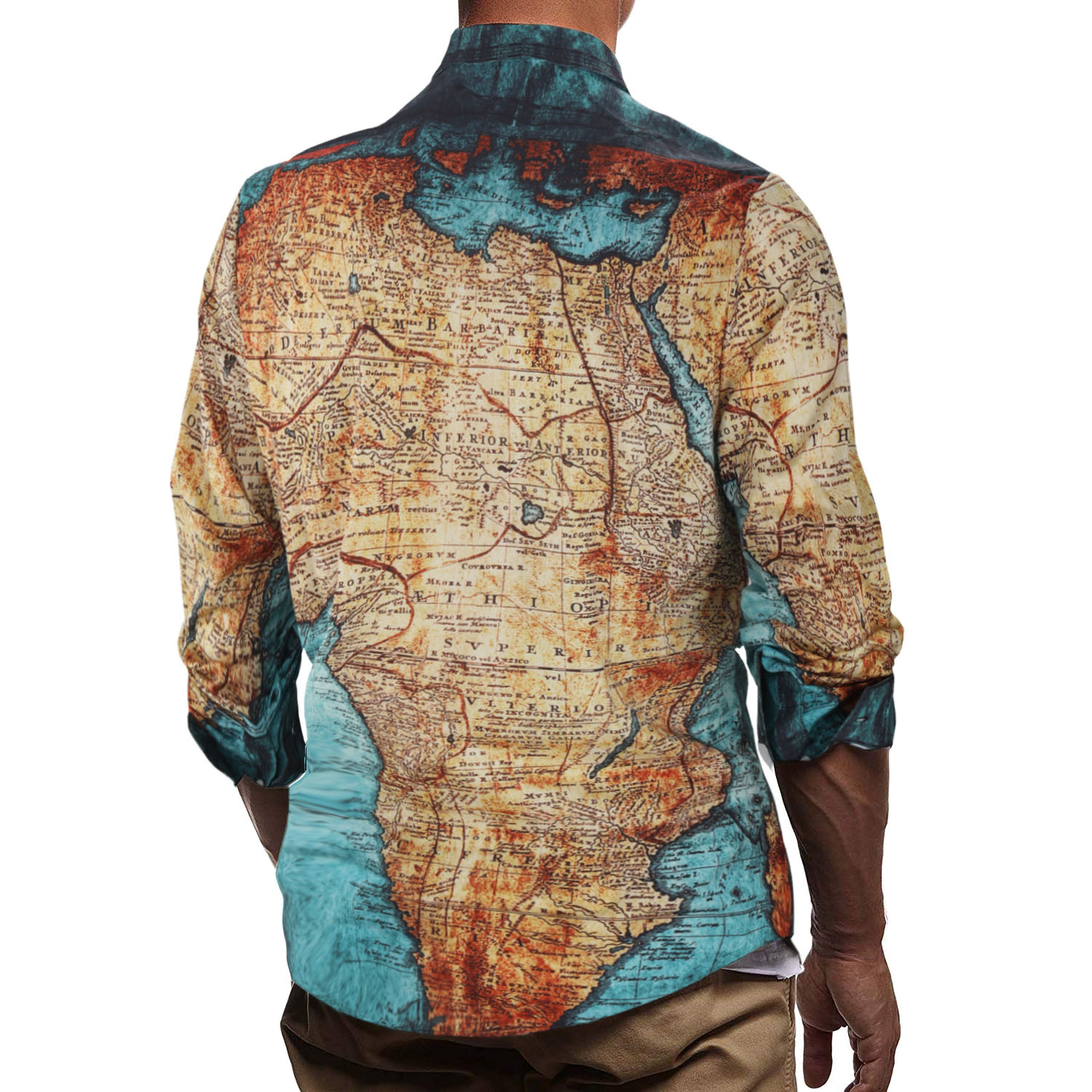 Spring and autumn new foreign trade map printing men's large thin long sleeve shirt European men's printed shirt