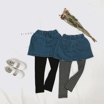 Girls denim skirt 2019 new pattern Washed denim Culottes ins Foreign trade False two pure cotton stripe Western style