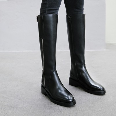 ins 网红显瘦马靴显高加绒机车靴侧拉链圆头高筒靴子真皮骑士靴女|ms