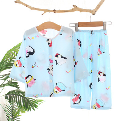 [Long-sleeved cardigan] 2019 summer new pattern children pajamas To open TSUMUGI suit Crotch opening young Home Furnishings