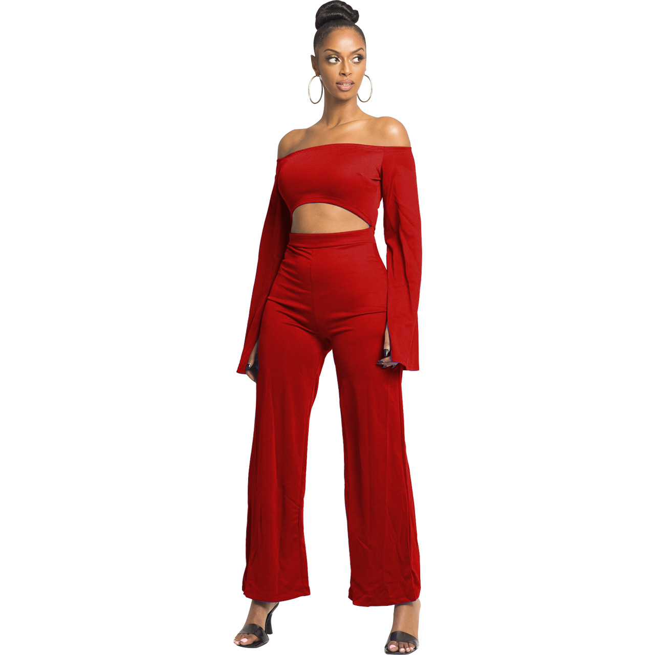Boutique Casual Solid Color Long Sleeves Cropped off Shoulder Jumpsuit