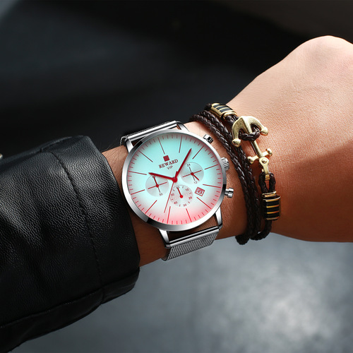Reward cross-border men's watch multifunctional sports quartz watch stainless steel mesh belt men's watch customizable watch logo