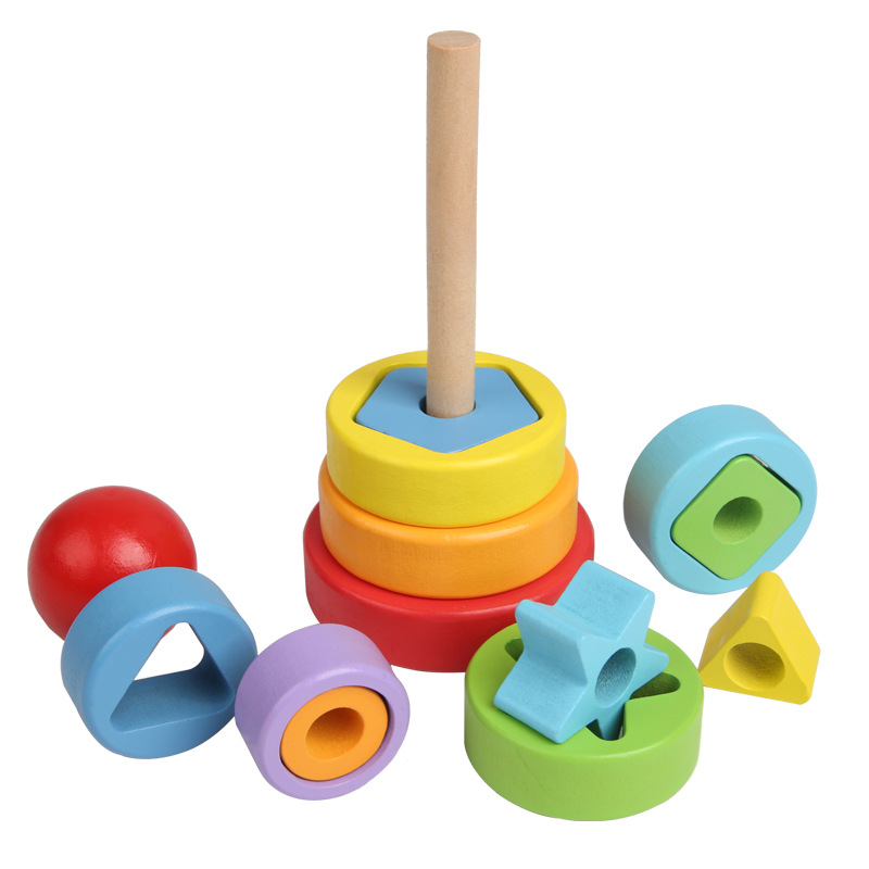 Arco iris jeenga anillo plegable torre plegable columna alta juguetes de madera para niños venta al por mayor tamaño pequeño arco iris torre bloques de construcción