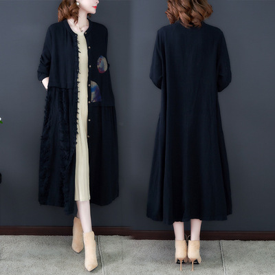 2019秋冬新款欧美大码女装复古民族风中长款风衣薄款开衫棉麻外套|ru