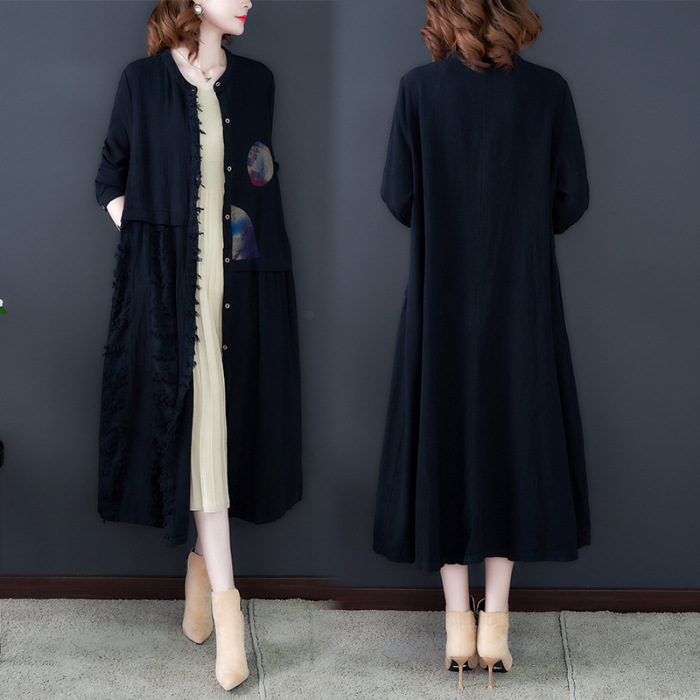 2019秋冬新款欧美大码女装复古民族风中长款风衣薄款开衫棉麻外套|ru