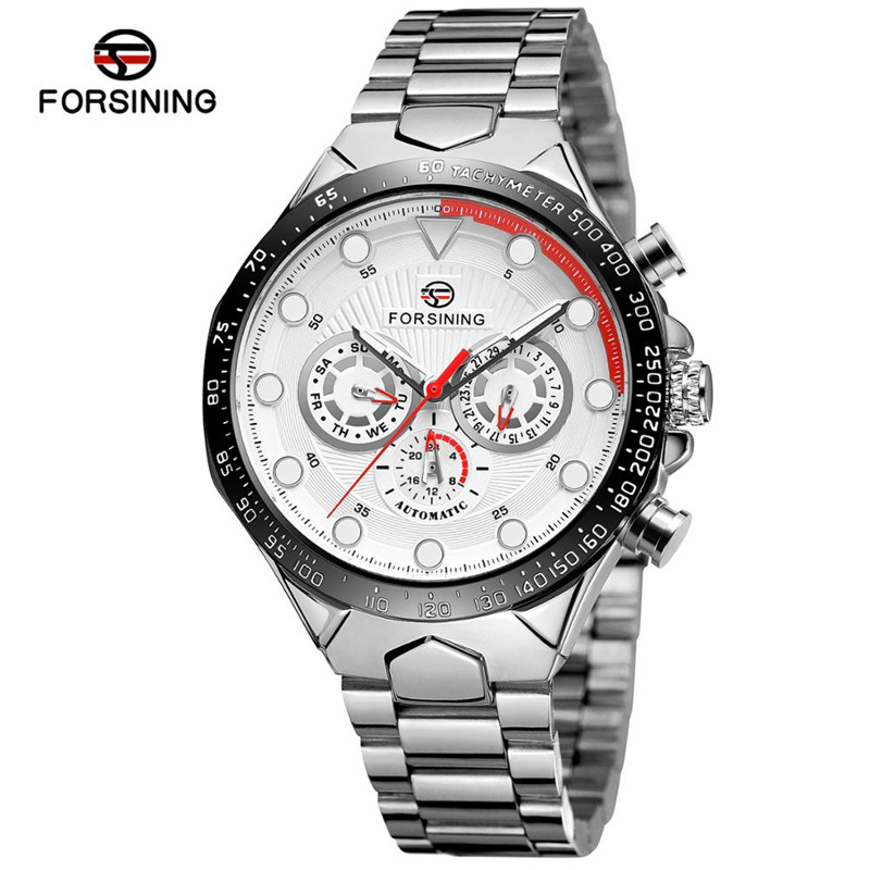 FORSINING fusini hombres moda correa de acero reloj mecánico automático reloj impermeable luminoso de seis pines 432