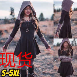 秋季连帽女士连帽连衣裙与手套修身腰部百褶裙服装