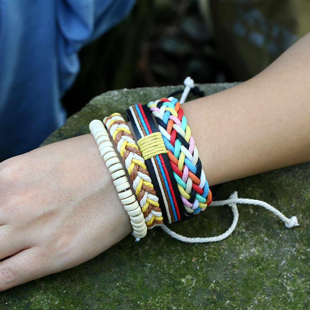 New colorful wax line braided four-piece girl bracelet simple diy multiple combination leather brace