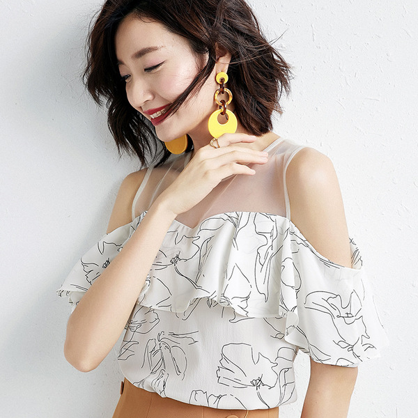 Perspective New Summer Lotus Edge Screen Printed Chiffon Blouse