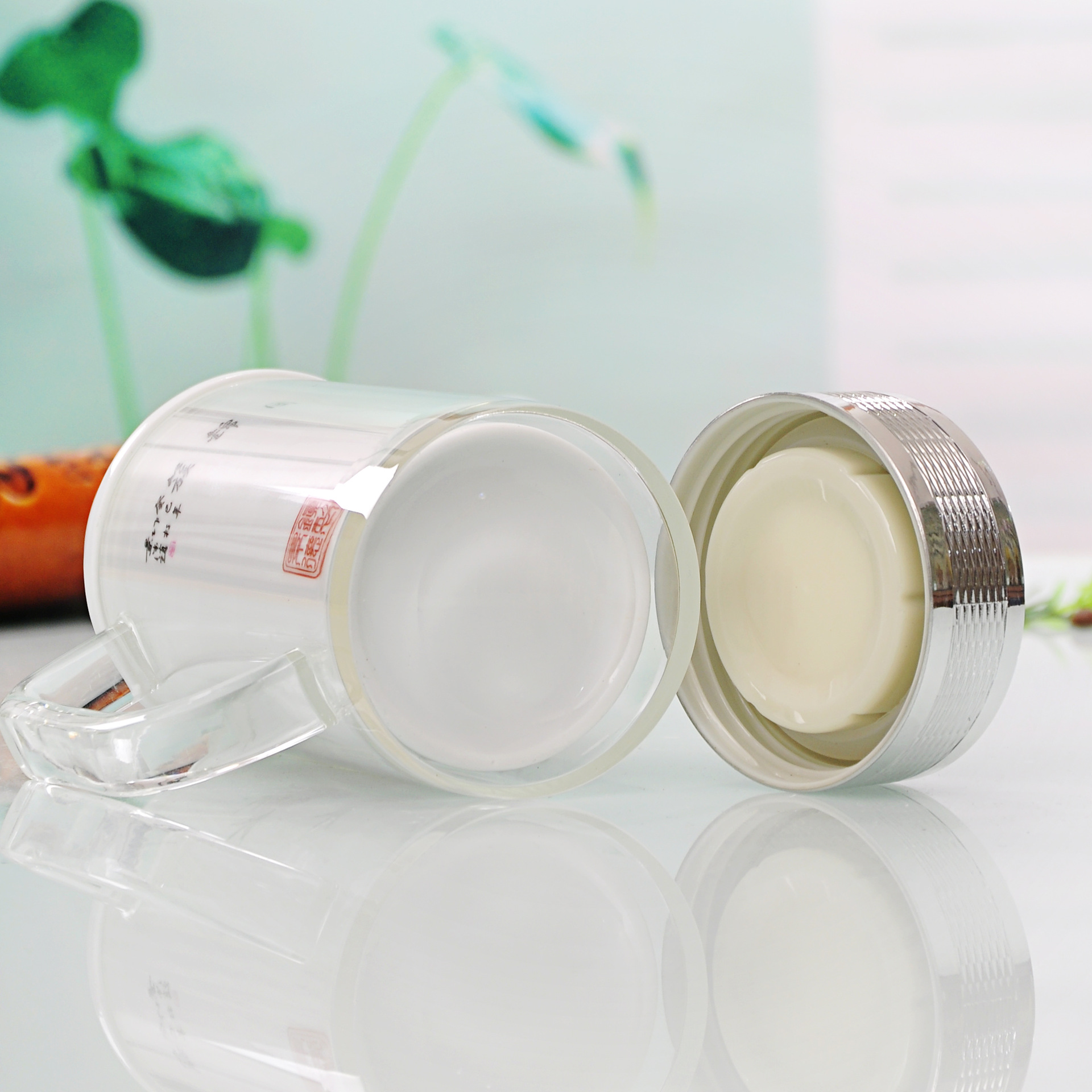 商務辦公杯雙層陶瓷保溫杯骨瓷內膽創(chuàng)意禮品定制商務禮品水點桃花