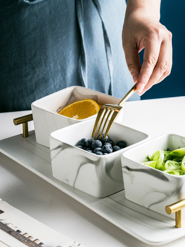 Estilo Luz de lujo mármol bandeja Hotel tarde té snack plato rectangular tres-rejilla de cerámica ensalada de fruta