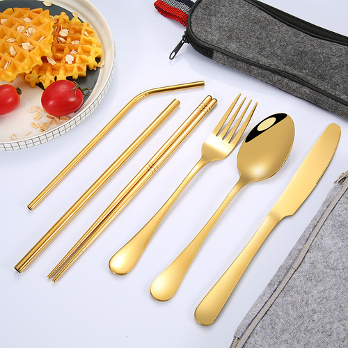 Cross-border Amazon stainless steel portable cutlery set for students outdoor travel spoon fork chopsticks straw combo set