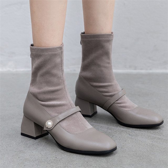 Fashion nude women’s shoes zipper middle high heels elastic suede 