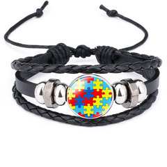 Gift for Autistic Children Adjustable Handmade Leather Bracelet for Autism Mom Puzzle Bracelet