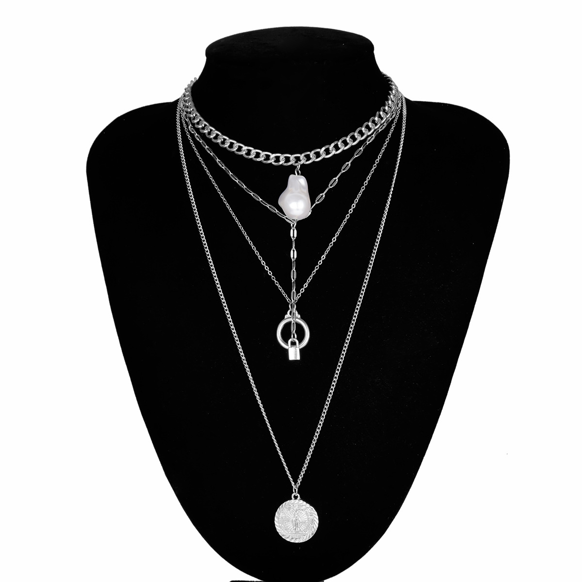 Ring Embossed Personality Stacked Multi-layer Lock-shaped Imitation Pearl Necklace display picture 2