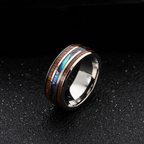 Cross-border hot-selling hand jewelry acacia wood grain + abalone shell titanium steel ring Amazon Xiyin European and American popular jewelry