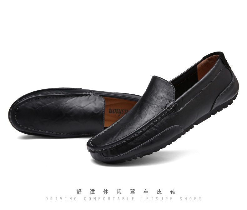 Giày lười nam da bò thật kiểu lái xe mũi tròn đế bệt, thoáng khí quanh năm — màu xanh lam, màu đen, xanh lam lót nhung, Màu nâu chi tiết 39
