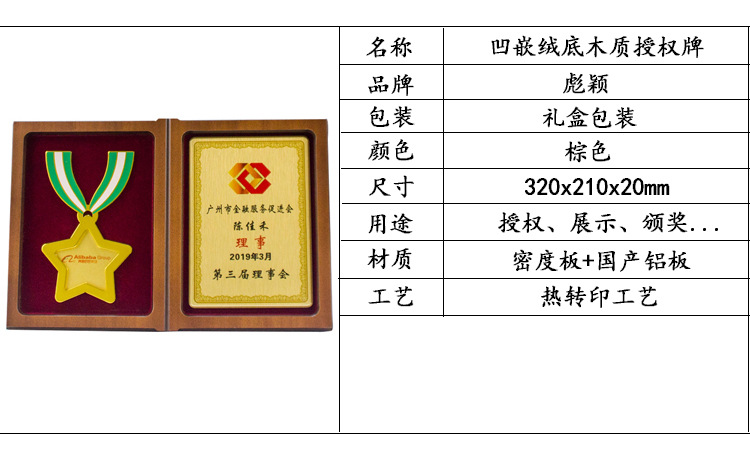 凹嵌绒底木质授权牌