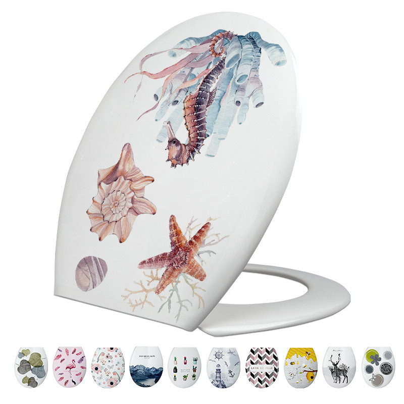 Cubierta de inodoro engrosada impresa cubierta de asiento de inodoro accesorios de plástico PP estilo europeo ordinario en forma de U 18 pulgadas cubierta de inodoro