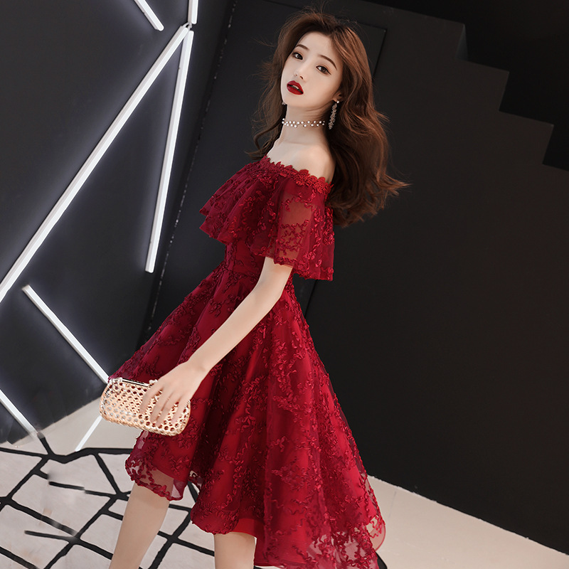 Shoulder Toast Dress for Bride 2020 Summer Red Wedding Modern Noble Evening Dress Women's Elegant Slimming Short Style