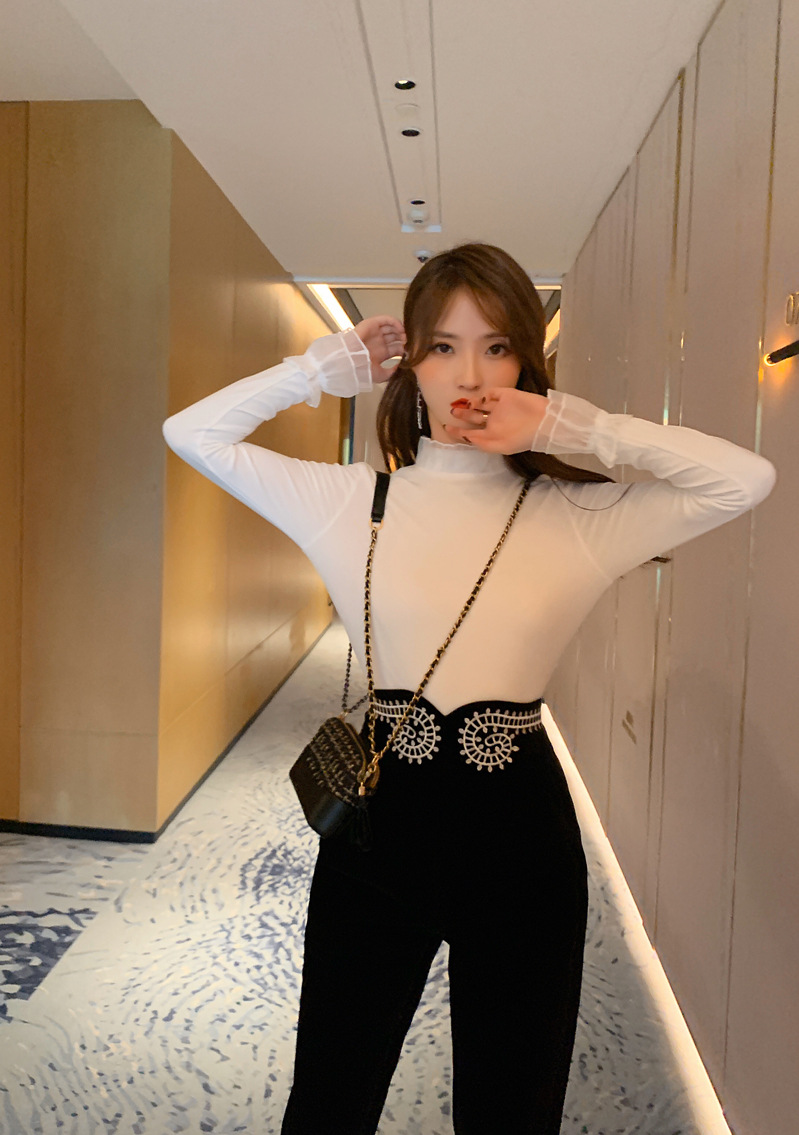 Quần nhung nữ cạp cao họa tiết thêu ống skinny — Màu đen chi tiết 9