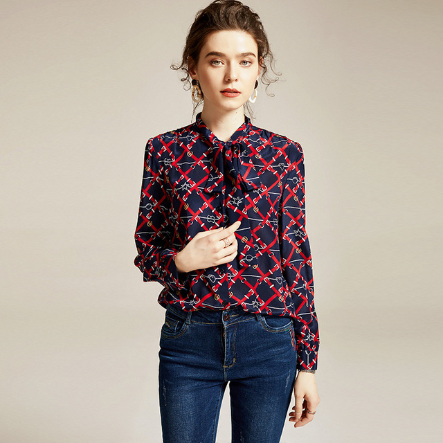 Women’s bow collar long sleeve shirt silk retro printed silk top