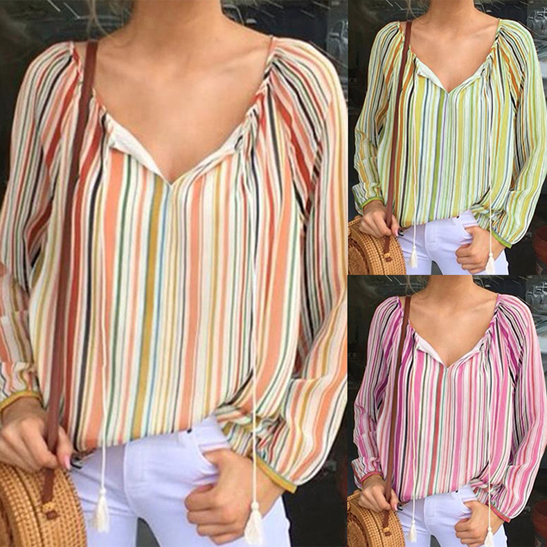 women s loose V-neck striped top  NSKX10134