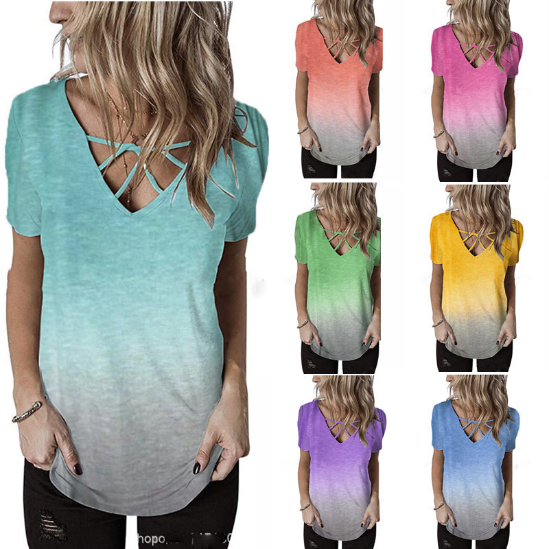 Amazon wish V-neck front chest personalized cross Rainbow gradient printed T-shirt short sleeve top