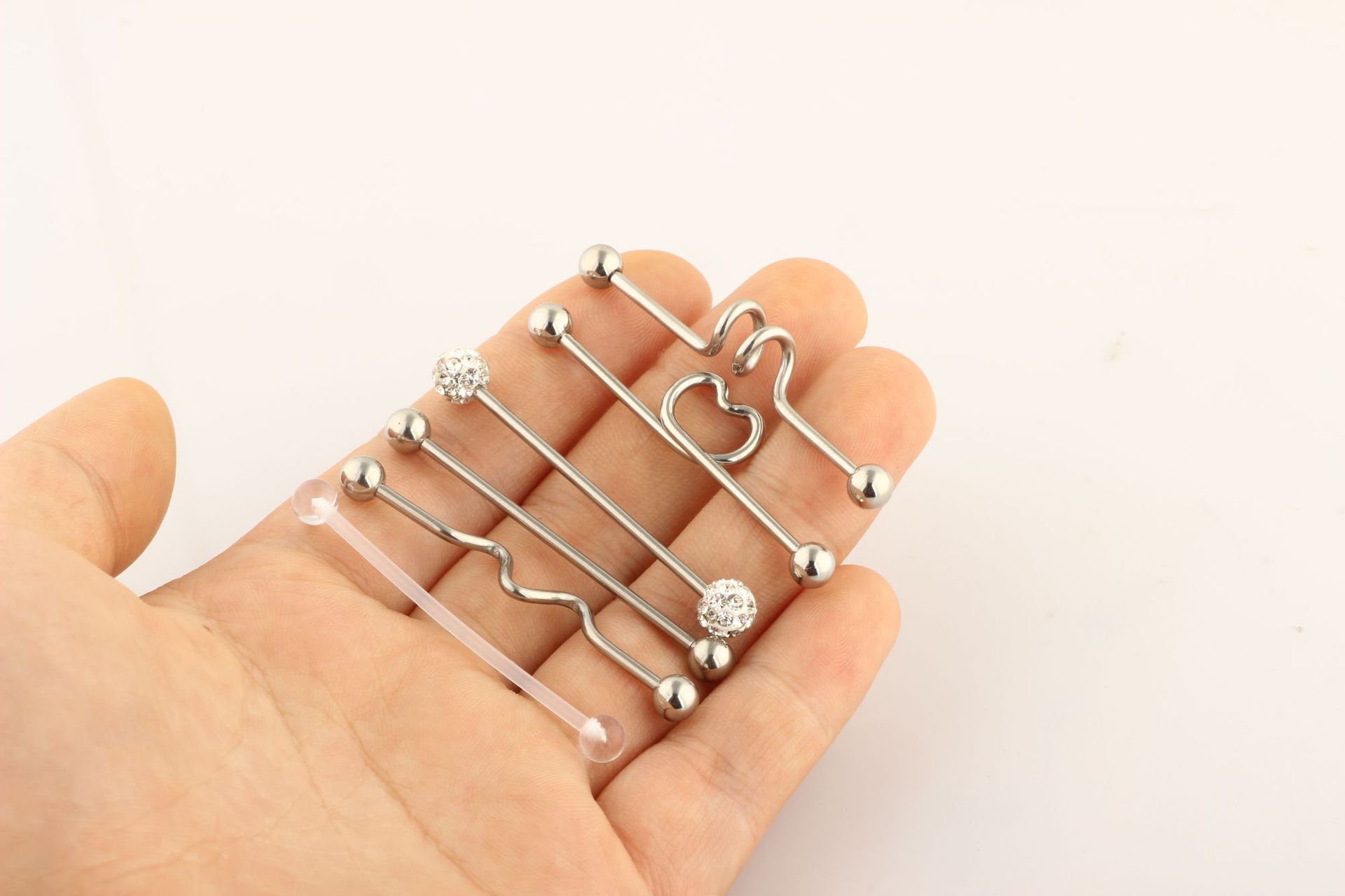 Diamond Industrial Barbell Crossbar Straight Bar Earring Set - Stainless Steel Double Ear Cuff for Cartilage Helix Tragus, Silver detail image 18