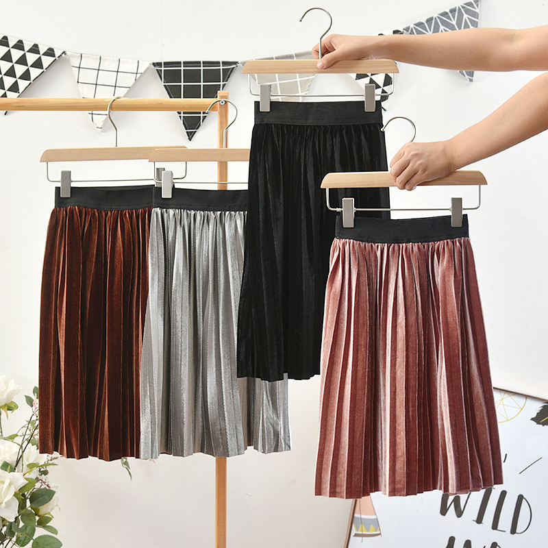 Long-length velvet pleated skirt for girls, 2021 new style, Korean version semi-skirt for children, versatile children's skirt