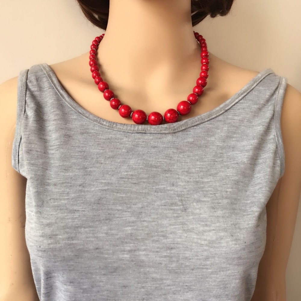 Stone Bead Necklace Three Short Stone Bead Necklace Red Turquoise Necklace Short Necklace display picture 2