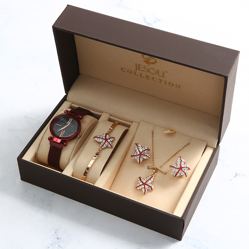 Korean Waterproof Ladies Quartz Watch Flower Earrings Necklace Bracelet Box Mother's Day Gift display picture 6