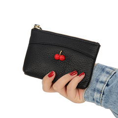 Top-layer cowhide European and American-style mini cherry-patterned women's zippered genuine leather coin purse with a genuine leather keychain holder