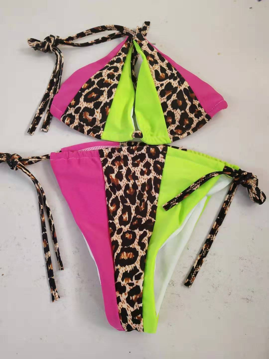 2022 New Bikini European And American Foreign Trade Cross-border Bikini Swimsuit Stitching Leopard Bandage Sexy Split Swimsuit